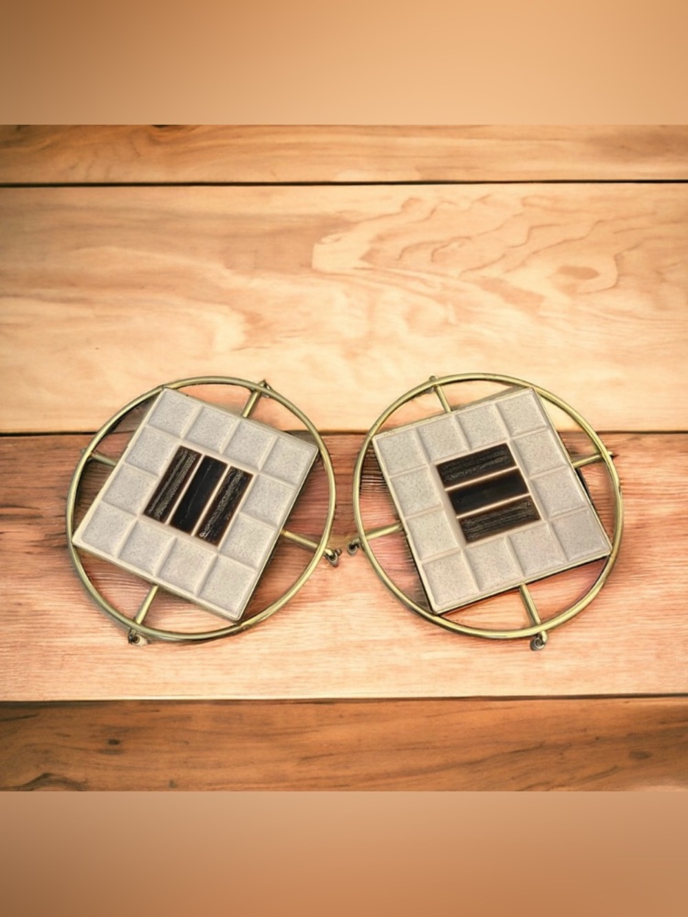 Vintage Mid Century Modern Mosaic Tile Trivet Set of 2 Brass Base Stoppers